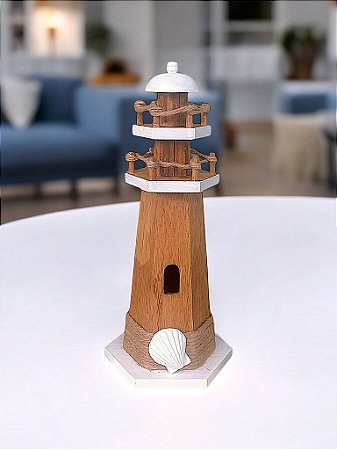 Farol Decorativo Branco em Madeira Concha Enfeite Náutico Praia
