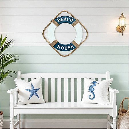 Enfeite Bóia Beach House de Parede em Madeira com Texto em Branco