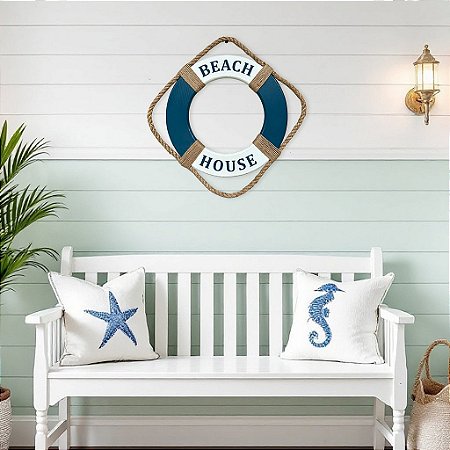 Enfeite Bóia Beach House de Parede em Madeira com Texto em Azul