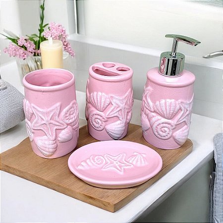 Kit de Banheiro de Cerâmica 4 Peças Conchas Rosa Porta Sabonete Líquido /Saboneteira/Porta Escova/Porta algodão