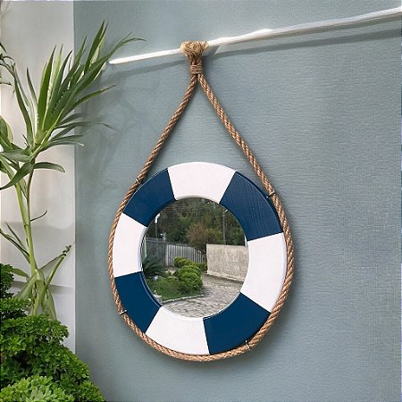 Espelho Bóia em Madeira Azul Marinho com Corda Grande Decoração Náutica Praia