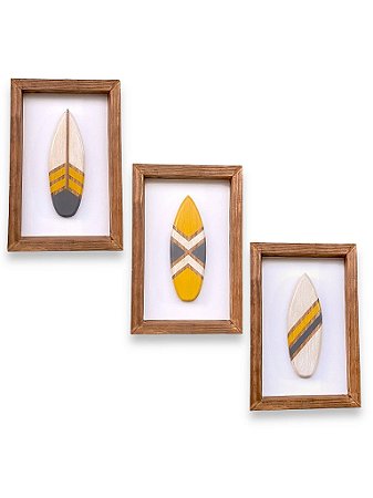 Kit 3 Quadros Pranchas Amarelas Decoração de Parede Casa de Praia