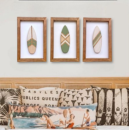 Kit 3 Quadros Prancha Verde Decoração Náutica de Parede