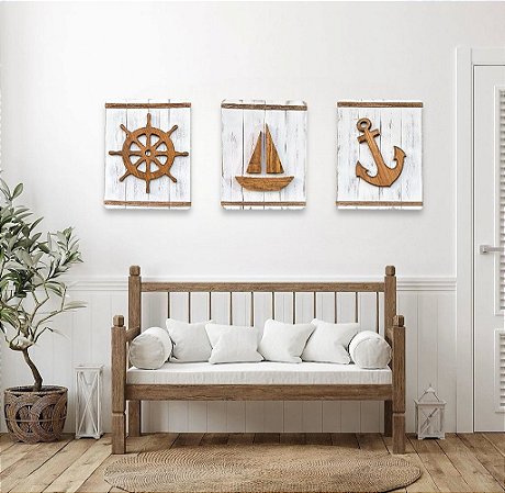 Kit 3 Quadros Náuticos Timão, Âncora e Veleiro em Madeira Decoração Náutica Praia