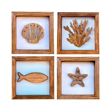 Kit 4 Quadros Marrom e Branco Decoração Náutica de Parede