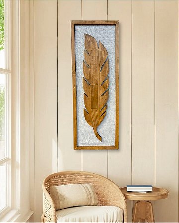 Quadro Folha Marrom com Linho 100x35 cm Decoração de parede