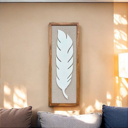 Quadro Folha Branco com Linho 100x35 cm Decoração de parede
