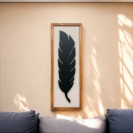 Quadro Folha Preto com Linho 100x35 cm Decoração de parede
