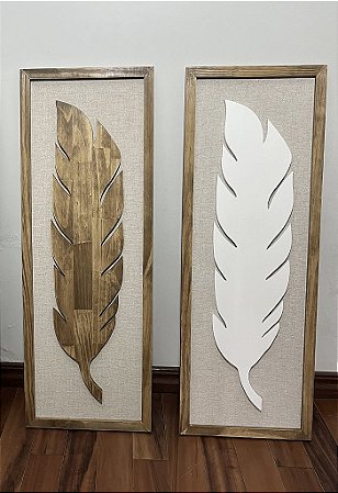 Kit 2 Quadros com Linho Folhas 100x35 cm Decoração de Parede
