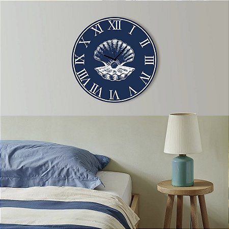 Enfeite Relógio Náutico Romano Azul Concha e Pérola em Madeira