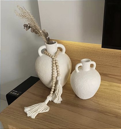 Kit 2 Vasos Decorativos com Alças em Cerâmica Off-White