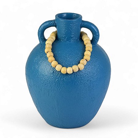 Vaso Decorativo Azul com Colar de Madeira Grande