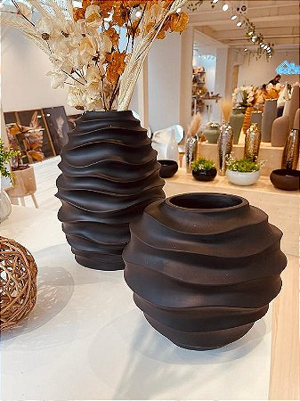 Vaso Ondas Decorativo Preto Grande em Cerâmica