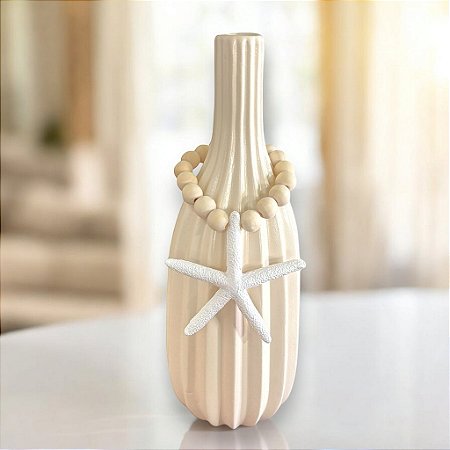 Vaso Decorativo Garrafa Riscada Off-White com Colar de Estrela