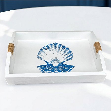 Bandeja Branca Concha Pérola em Madeira 35x25 cm Decoração Náutica Praia