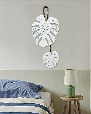 Decoração Folhas Brancas em Madeira Costela de Adão com Corda