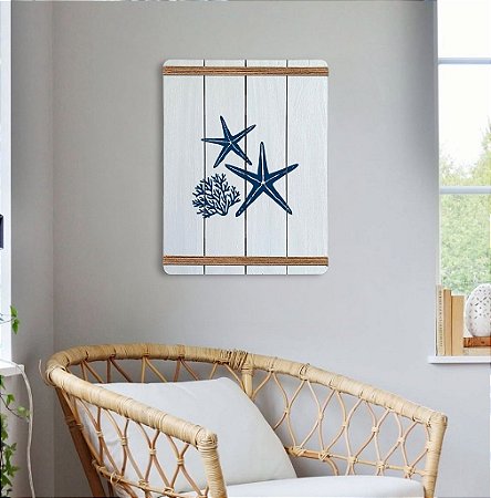Quadro Decorativo Estrela e Coral em Madeira Decoração Náutica Praia