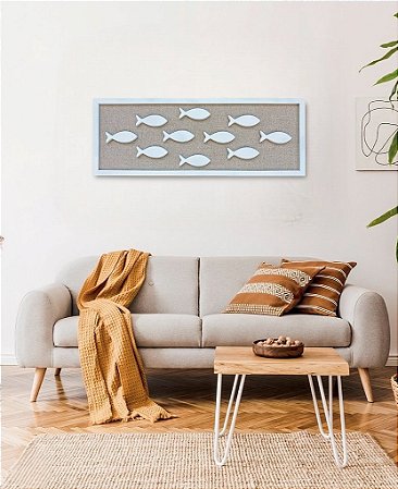 Quadro Náutico com Linho Cardume Branco 100x35cm