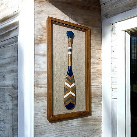 Quadro em Linho com Remo Azul, Cinza e Branco em Madeira e Vidro 65x33x5