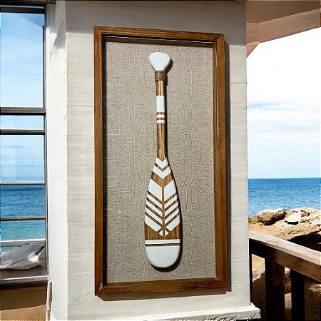 Quadro em Linho com Remo Branco em Madeira e Vidro 65x33x5