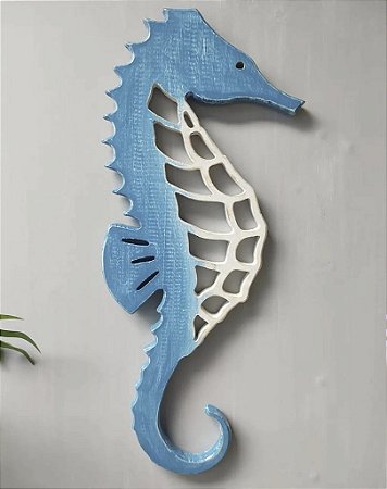 Enfeite Cavalo Marinho Náutico Azul e Branco 70x31x2 cm