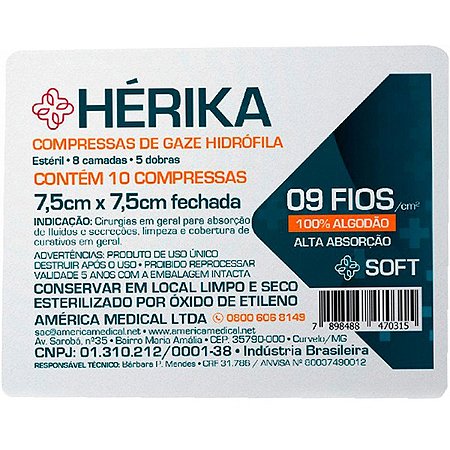 Compressa de Gaze Esteril 7,5cm x 7,5cm 9 Fios 10 Und - America