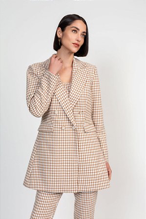 Trench Coat Manga Longa Tweed Flor de Lis Bege Palha