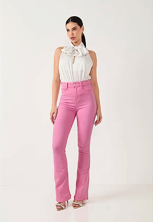 Calça Jeans Flare Alongodado Cintura Hot Pants DenimZero Rosa