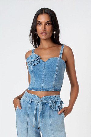 Top Cropped com Flor da Flor de Lis Jeans