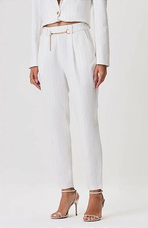 Calça Carrot Risca de Giz Flor de Lis Off White