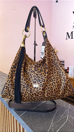 Bolsa Couro Pony Camurça Leopardo Preto Dumond