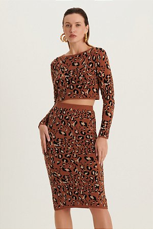 Saia Feminina Malha Jacquard Dimy Animal Print