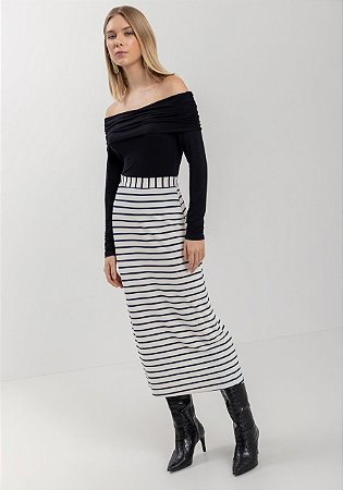 Saia Midi Listrada Com Cintura Alta e Fenda Posterior lez a Lez