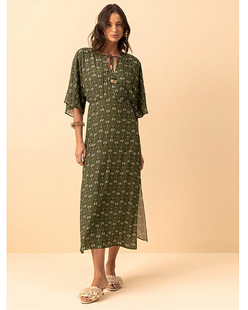 Vestido Chá Estampado Fluido Com Mangas Amplas Lez a Lez