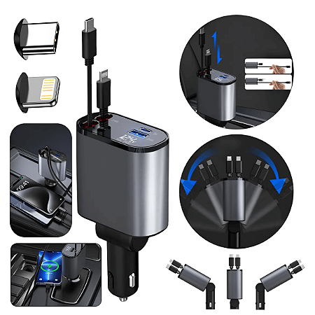 Carregador De Carro Turbo 120W Cabo Retrátil Com Projetor