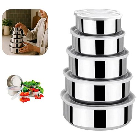 Conjunto 5 Potes Inox Com Tampa Cozinha Despensa Geladeira