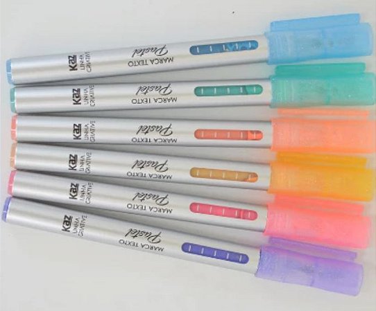 Caneta Pincel Marca Texto 6 Cores Pastel Efeito Glitter Kaz Cor Azul