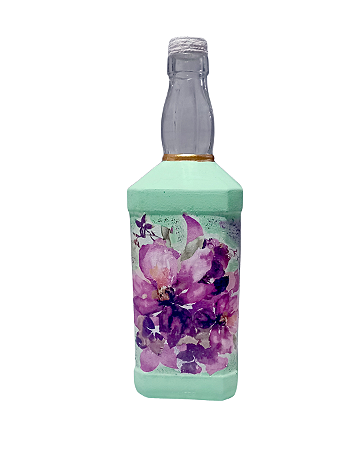 Garrafa decorada  - verde flores por Débora Artes