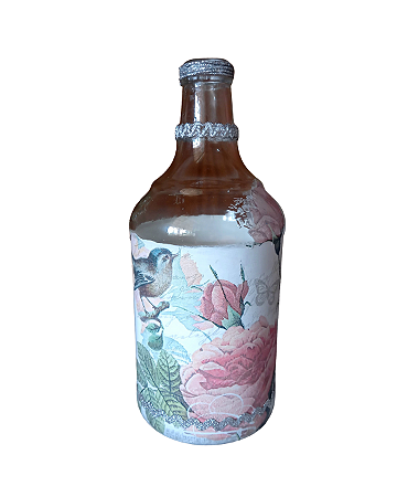 Garrafa decorada  - pássaro e rosas por Débora Artes