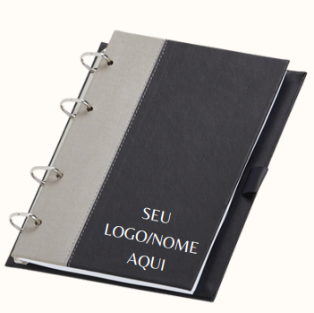 CADERNO FICHÁRIO DE COURO SINTÉTICO COM SUPORTE PARA CANETA 100 FOLHAS