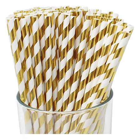 Canudo de Papel Listrado Metalico 19,5cm com 20 unidades - Dourado