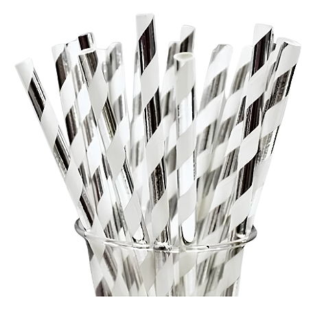Canudo de Papel Listrado Metalico 19,5cm com 20 unidades - Prata