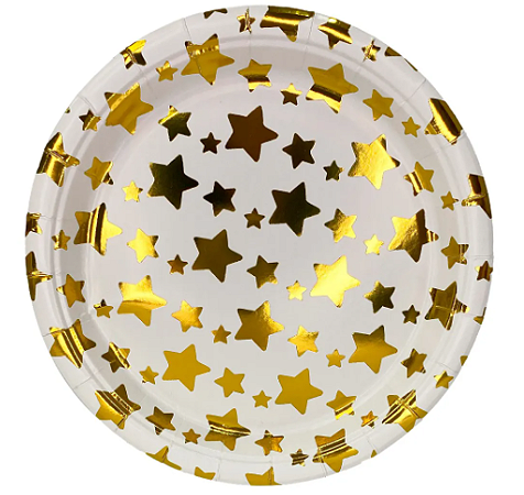 Prato de Papel Estrelas Metalizadas 300g 18cm com 8 unidades - Dourado