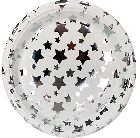Prato de Papel Estrelas Metalizadas 300g 18cm com 8 unidades - Prata