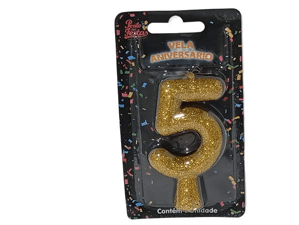 Vela Aniversário Puro Glitter Dourado 8cm c/ 1 unid. Número: 5