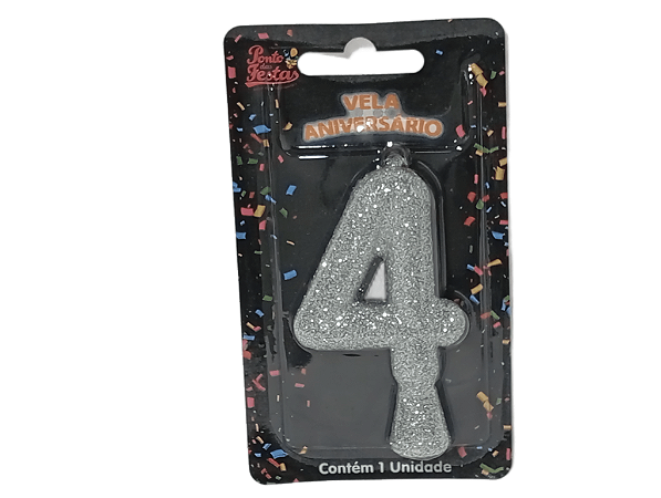 Vela Aniversário Puro Glitter Prata 8cm c/ 1 unid. Número: 4