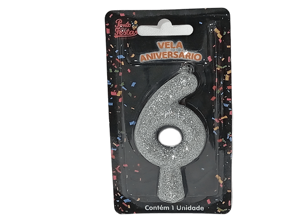 Vela Aniversário Puro Glitter Prata 8cm c/ 1 unid. Número: 6