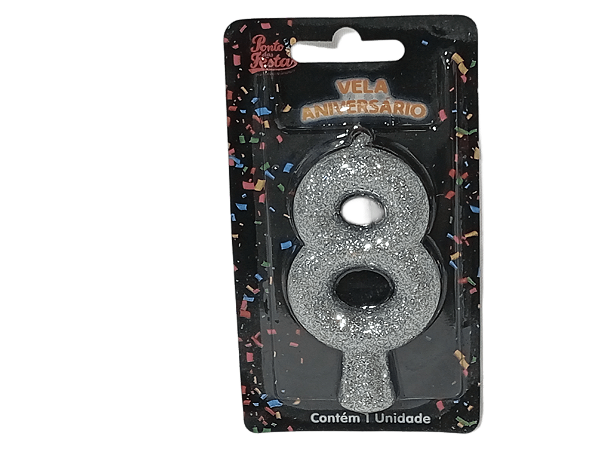 Vela Aniversário Puro Glitter Prata 8cm c/ 1 unid. Número: 8
