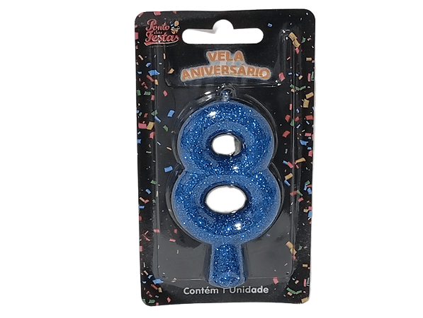 Vela Aniversário Puro Glitter Azul 8cm c/ 1 unid. - Número: 8