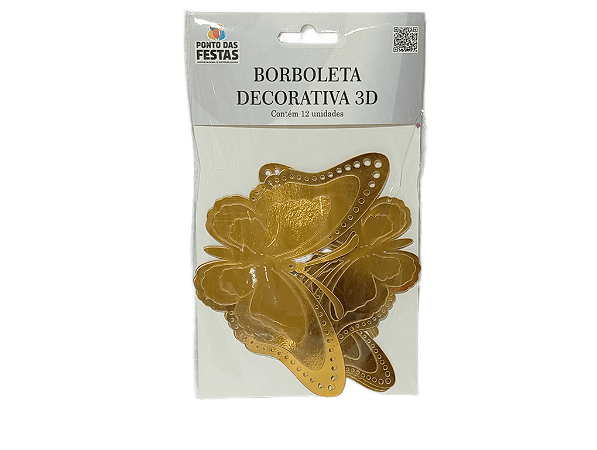 Kit Borboletas Papel 3D 12/10/8cm com 12 unid. - Dourado